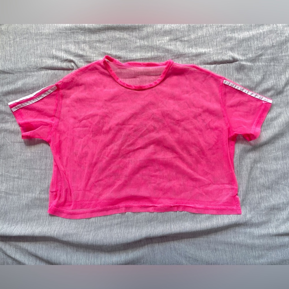 Pink Mesh Crop Top with Striped Sleeves